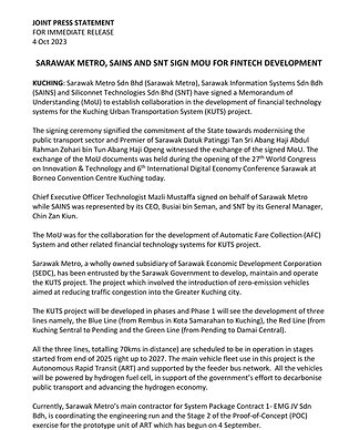 Sarawak Metro, Sains And Snt Sign Mou For Fintech Development