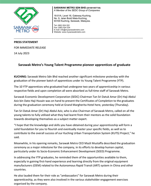 Sarawak Metro's Young Talent Programme pioneer apprentices of graduate