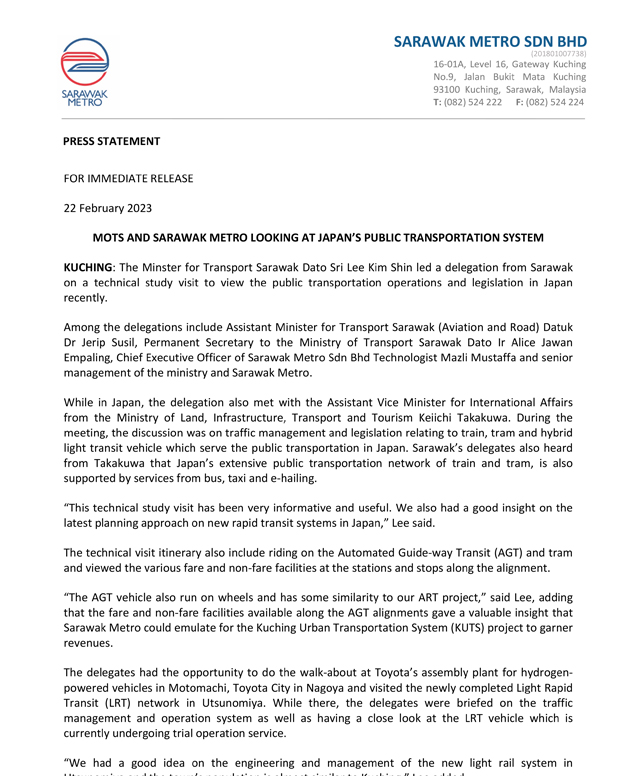MOTS and Sarawak Metro looking at Japan's Public Transportation System